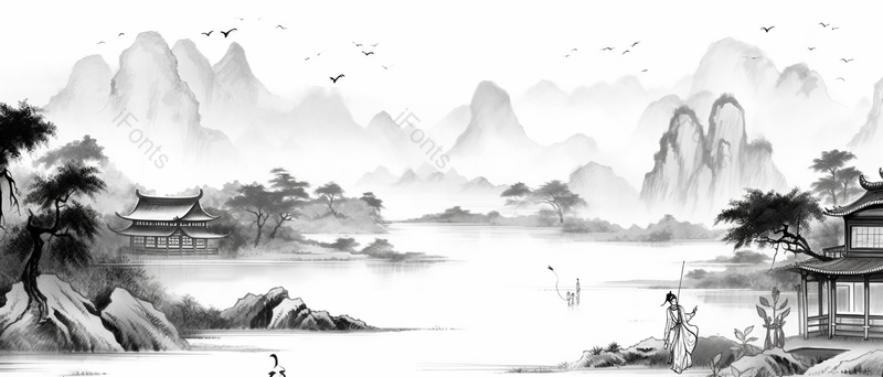 高清版本中式山水古画湖水树木黑白背景摄影图,高清,摄影图,摄影图片,图片大全,摄影图免费下载